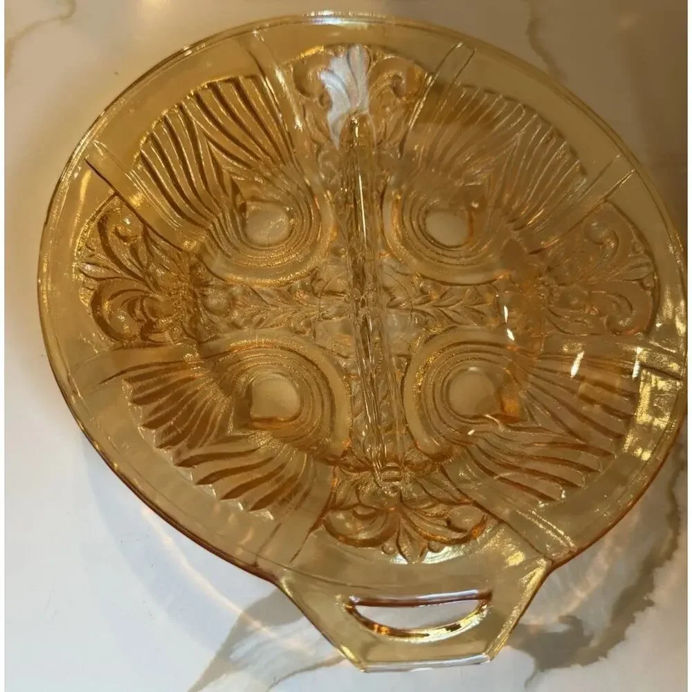 Vintage Indiana Glass Iridescent Amber Killarney Divided Relish Dish Handle